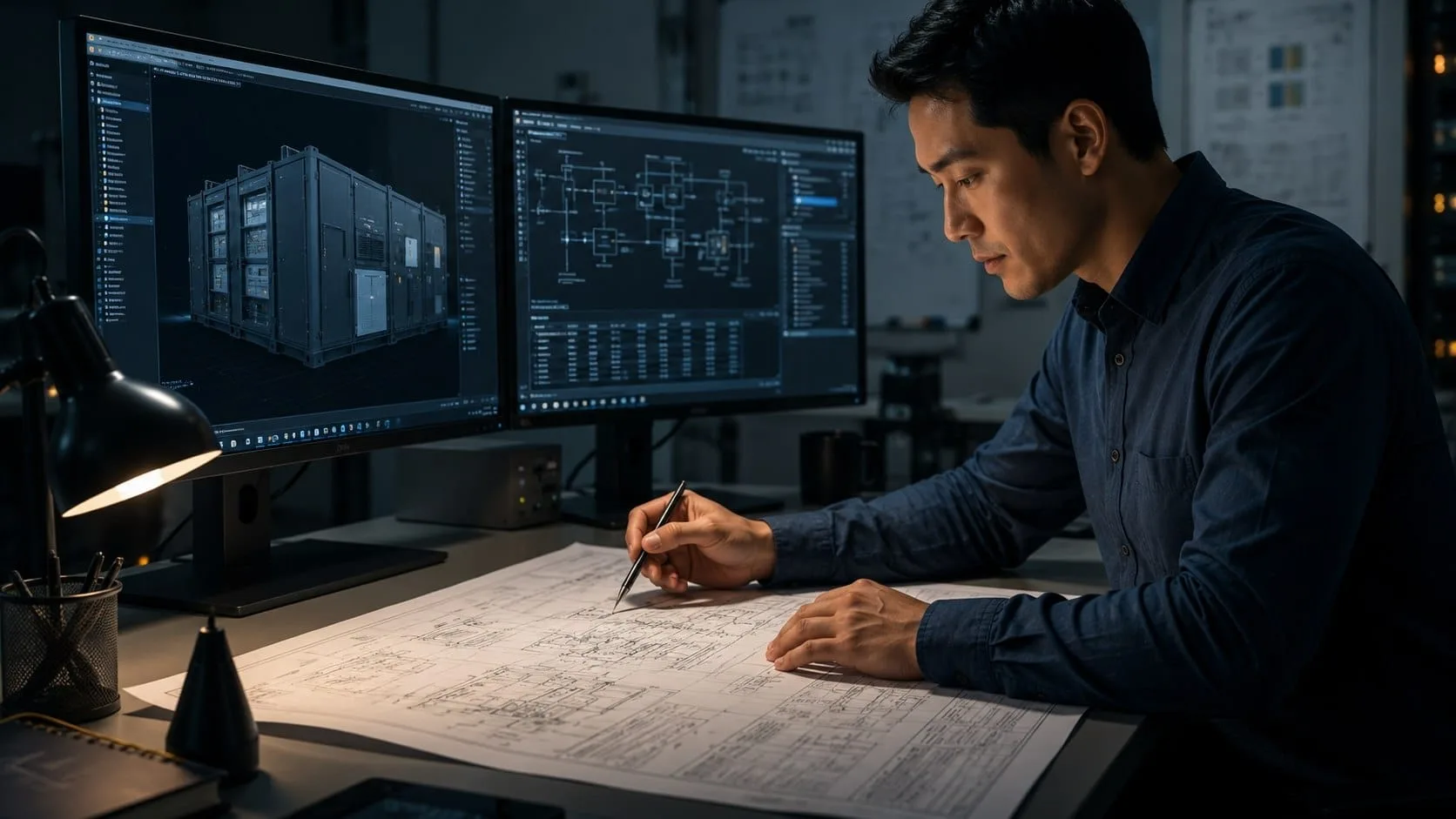 Engineer reviewing system requirements