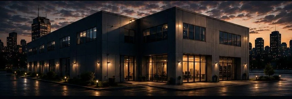 Commercial facility at dusk