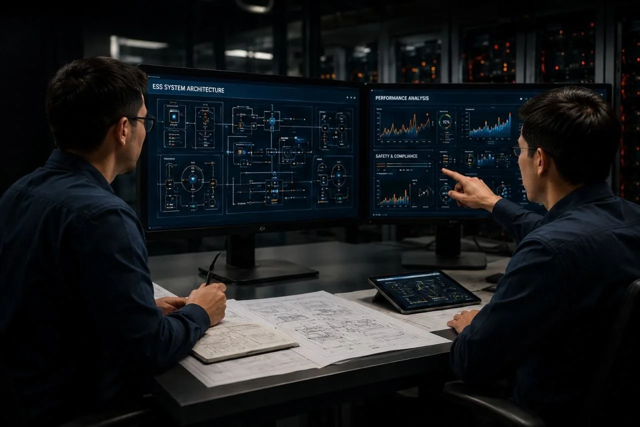 Engineers reviewing ESS architecture designs