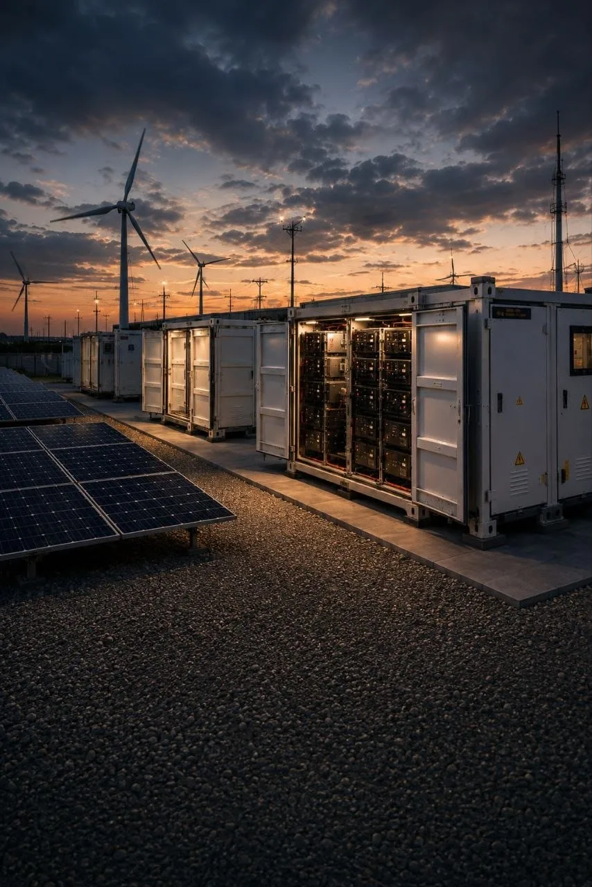 Microgrid with wind turbines, solar panels, and battery storage