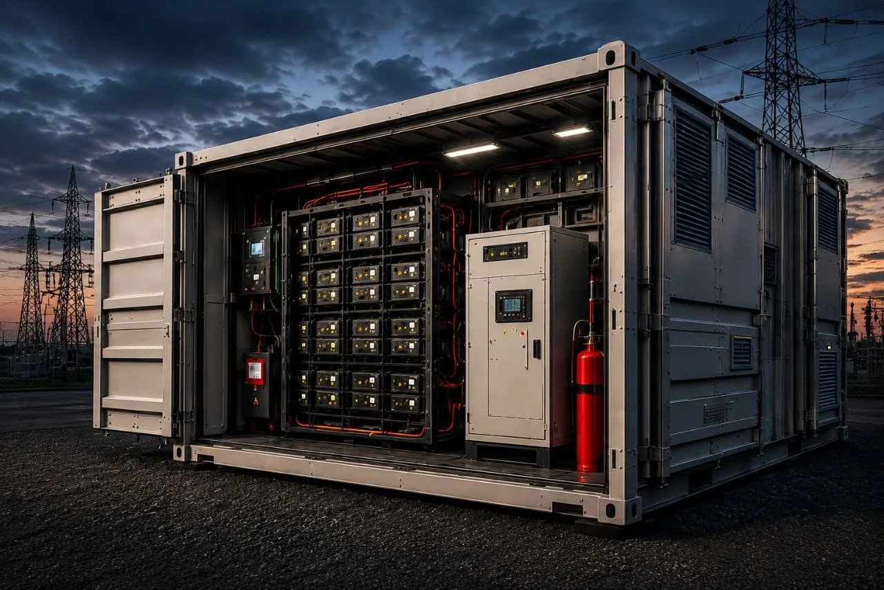 Open containerized BESS showing internal racks